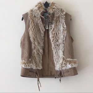 Marciano Leather Faux Fur Vest Tan